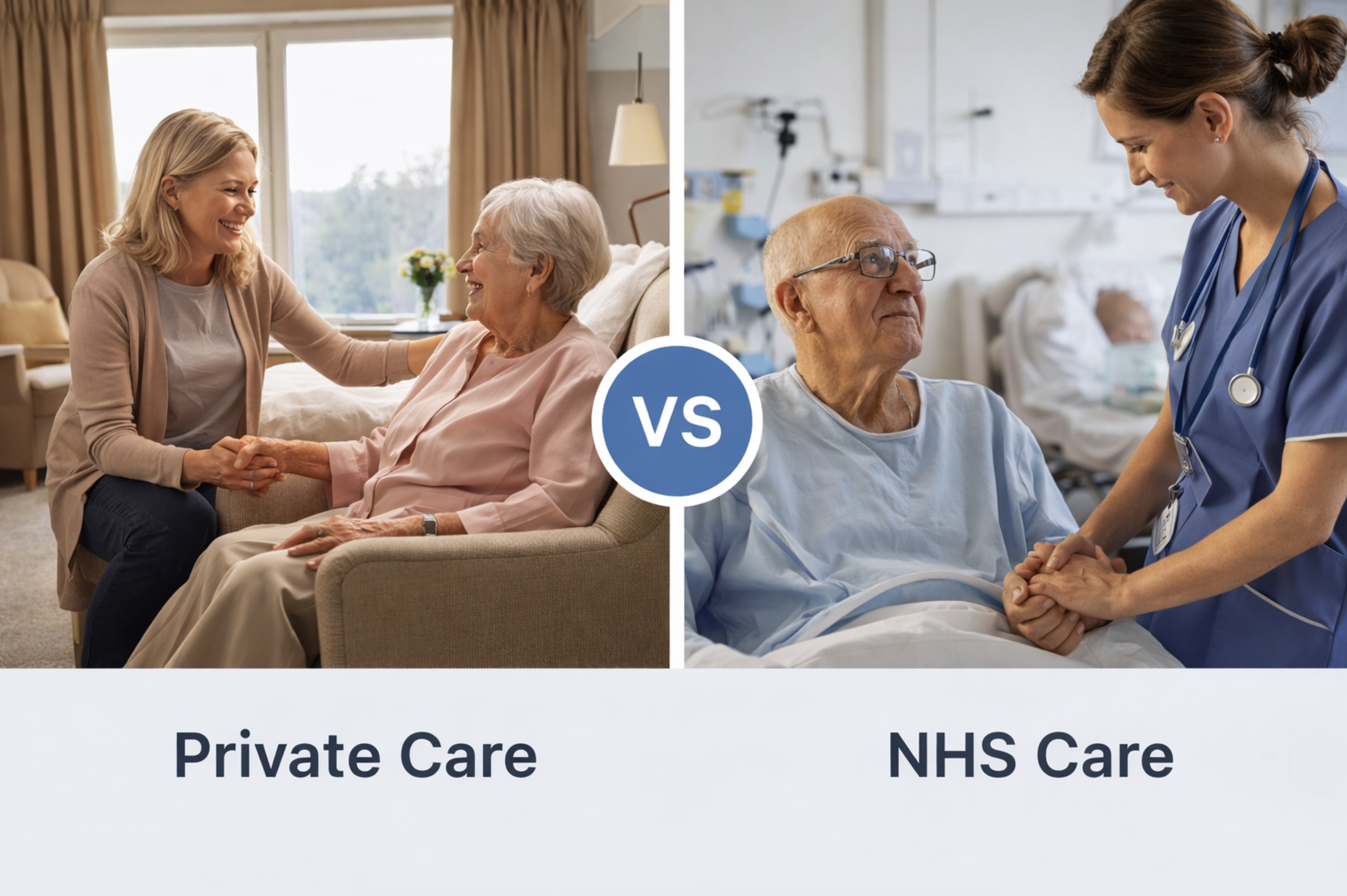 care home vs home care comparison showing elderly person receiving support in a care home and at home with caregiver in the UK